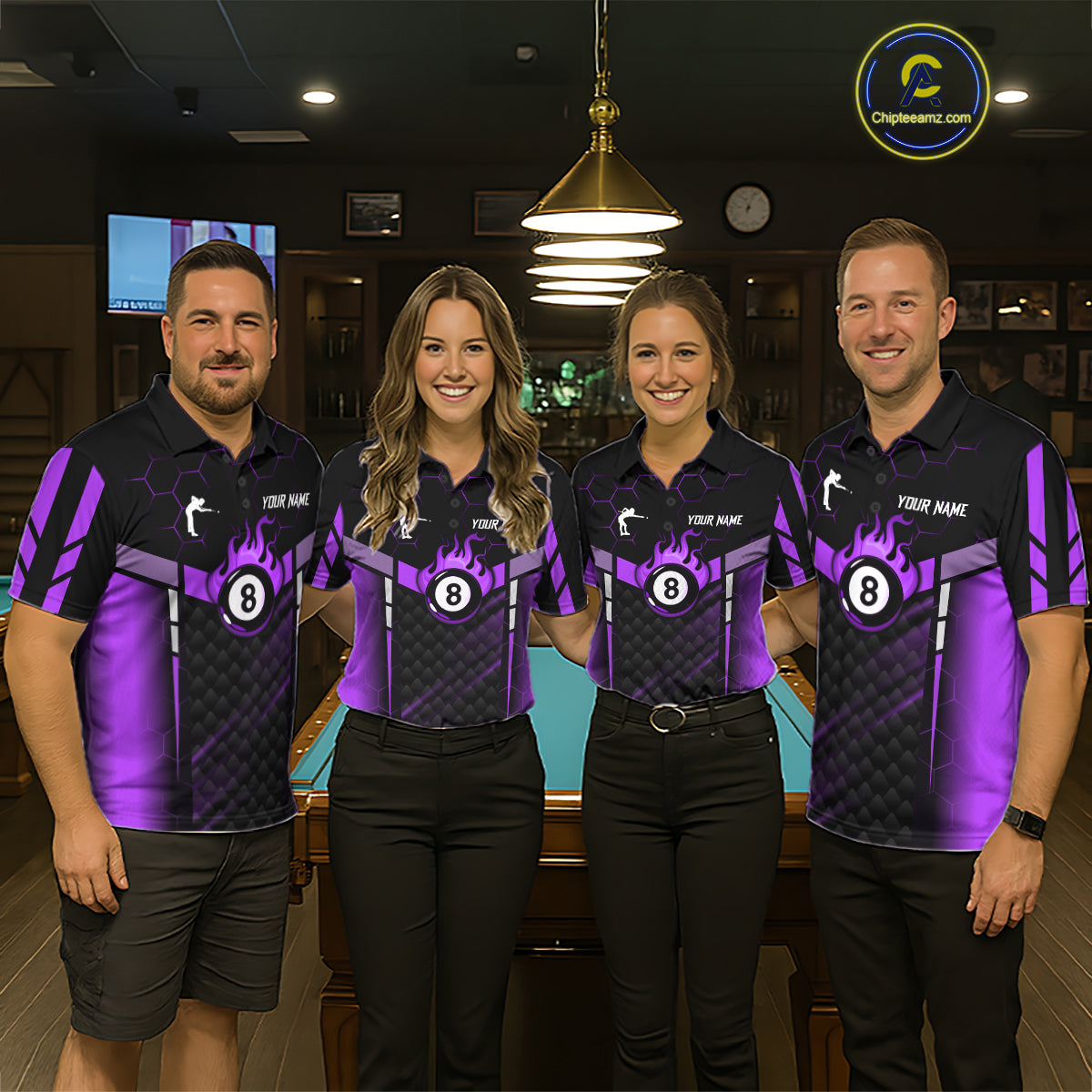 Personalized Purple 8 Ball Flame Billiard Polo & Quarter Zip For Women, 8 Ball Pool Team Jersey TDM6039