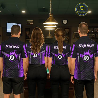 Personalized Purple 8 Ball Flame Billiard Polo & Quarter Zip For Women, 8 Ball Pool Team Jersey TDM6039
