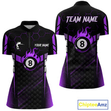 Load image into Gallery viewer, Personalized Purple 8 Ball Flame Billiard Polo &amp; Quarter Zip For Women, 8 Ball Pool Team Jersey TDM6039