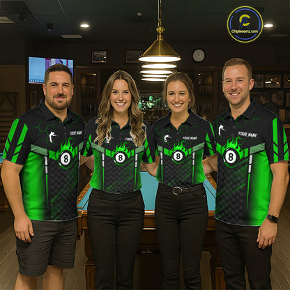 Personalized Green 8 Ball Flame Billiard Polo & Quarter Zip For Men, 8 Ball Pool Team Jersey TDM6040