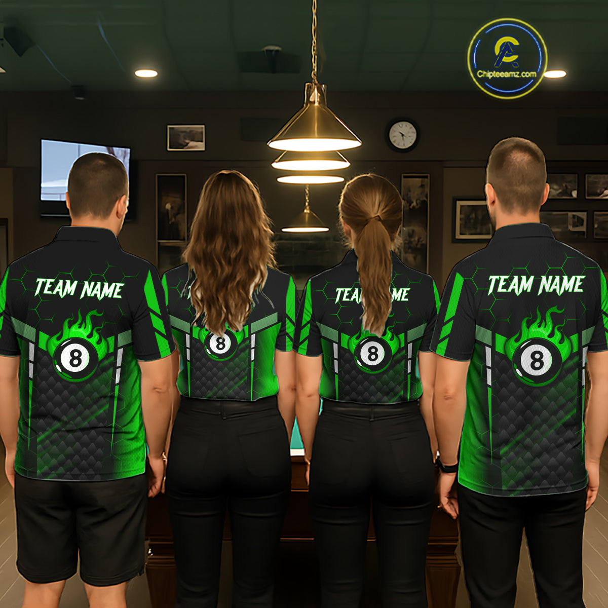 Personalized Green 8 Ball Flame Billiard Polo & Quarter Zip For Men, 8 Ball Pool Team Jersey TDM6040