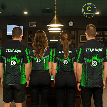 Personalized Green 8 Ball Flame Billiard Polo & Quarter Zip For Men, 8 Ball Pool Team Jersey TDM6040