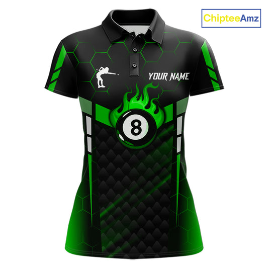 Personalized Green 8 Ball Flame Billiard Polo & Quarter Zip For Women, 8 Ball Pool Team Jersey TDM6040