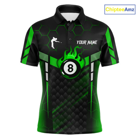 Personalized Green 8 Ball Flame Billiard Polo & Quarter Zip For Men, 8 Ball Pool Team Jersey TDM6040