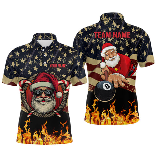 Funny Christmas Santa And Billiard USA Flag Fire Custom Men Polo Shirts Patriotic Christmas Shirts TDM0538