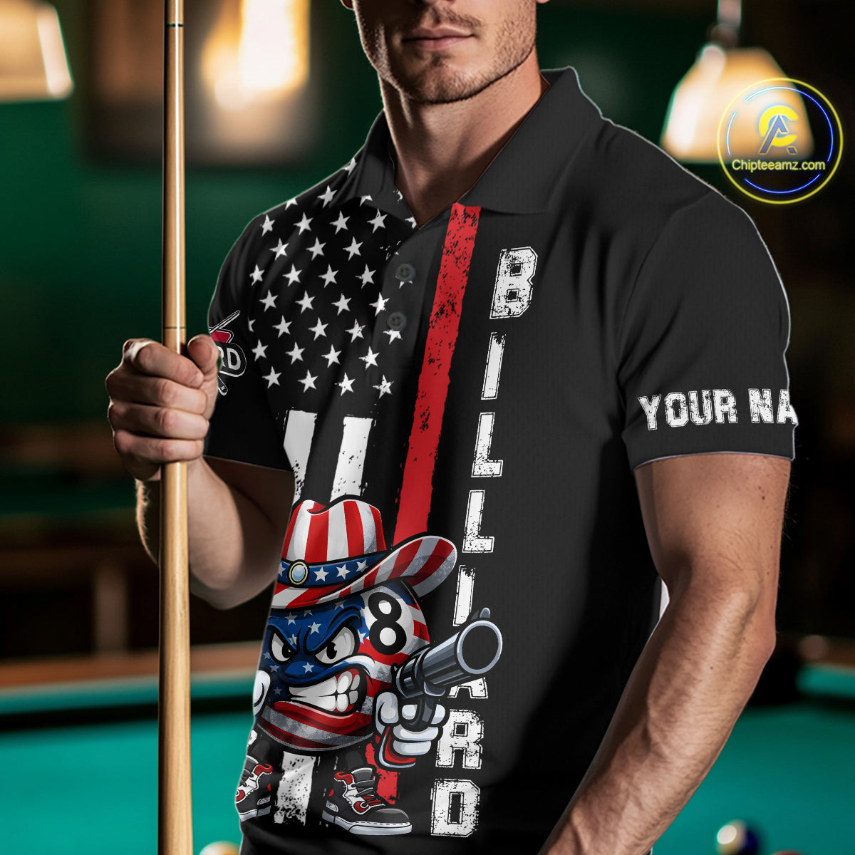 Funny 8 Ball US Flag Billiard Shirt For Men Custom Patriotic Pool Team Jersey Polo & 1/4 Zip TDM6048