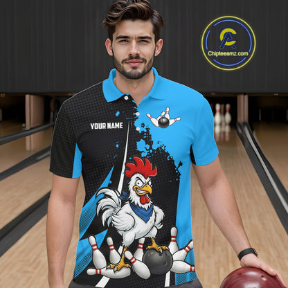 Custom Black And Blue Funny Chicken Bowling Shirts For Men, Bowling Team Jersey Polo & 1/4 Zip TDM6301