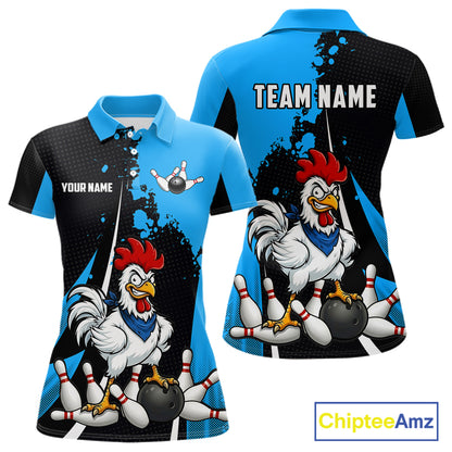 Custom Black And Blue Funny Chicken Bowling Shirts For Women, Bowling Team Jersey Polo & 1/4 Zip TDM6301