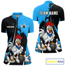 Load image into Gallery viewer, Custom Black And Blue Funny Chicken Bowling Shirts For Women, Bowling Team Jersey Polo &amp; 1/4 Zip TDM6301