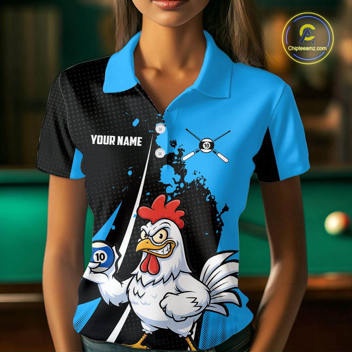 Blue Funny 10 Ball Pool Chicken Billiard Shirt For Women, Billiard Team Jersey Polo & 1/4 Zip TDM6303