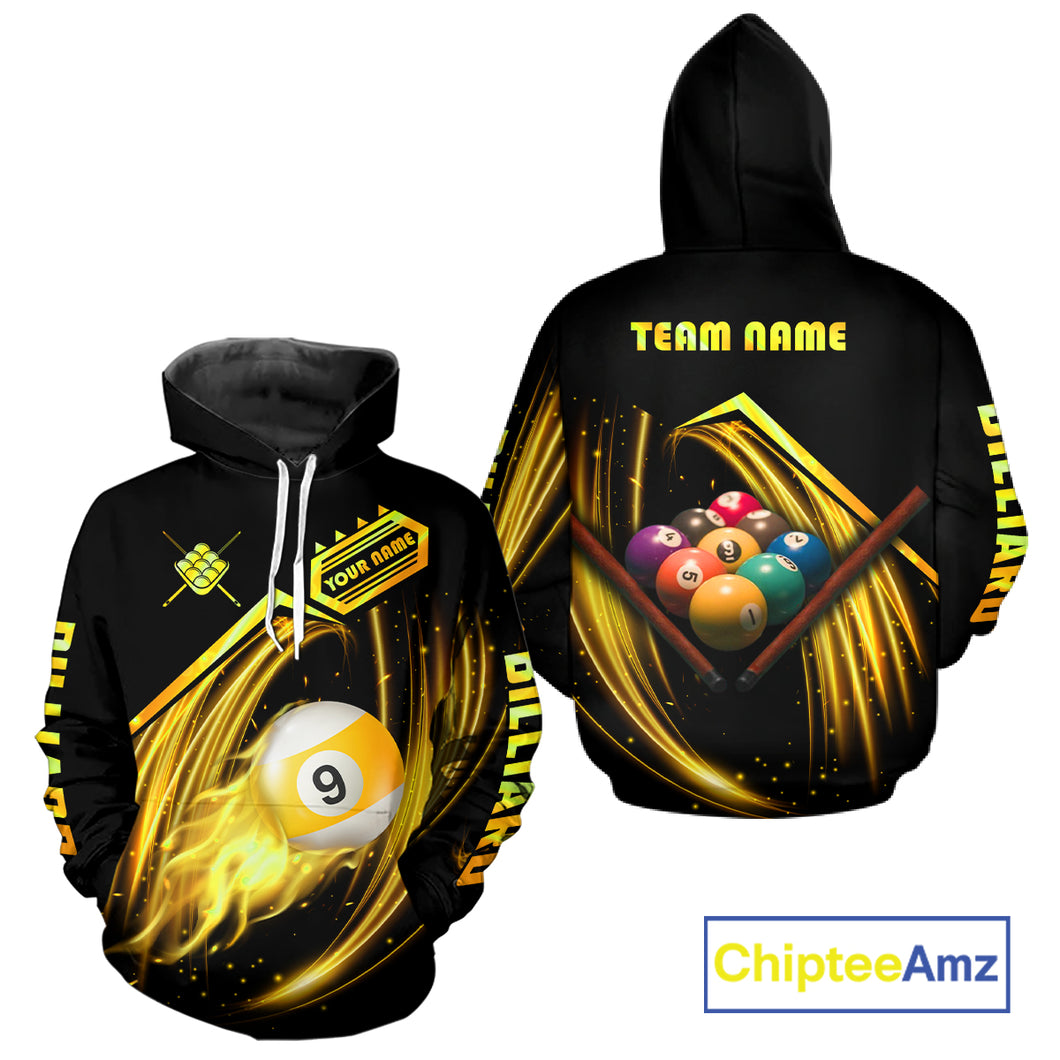Personalized Yellow 9 Ball Pool 3D Billiard Hoodie Custom Pool Team Jersey Hoodie For Men Women TDM0544