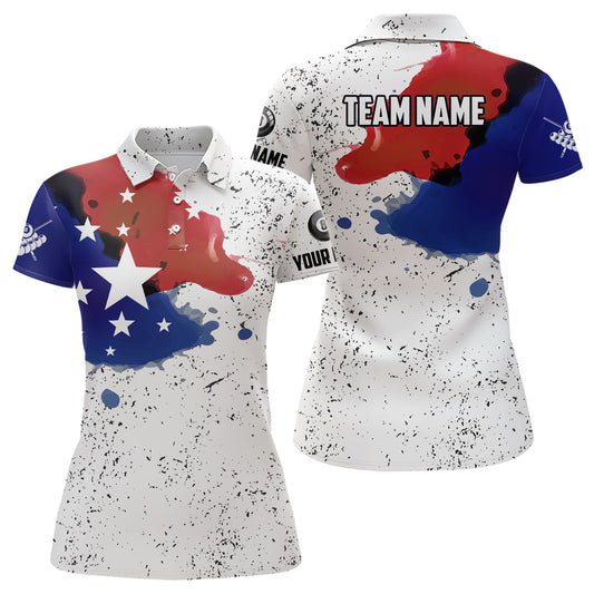 Personalized Grunge Style American Flag Billiard Women Polo Shirts, Patriotic Billiard Shirts TDM0715
