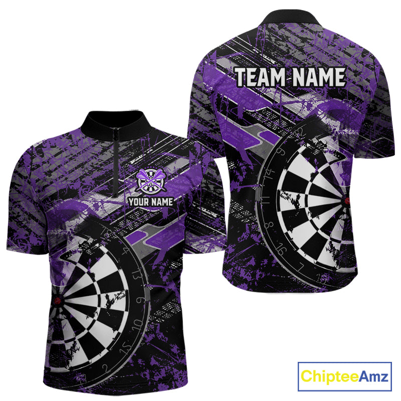Personalized Purple Splatter Grunge Darts Shirt For Men Custom Darts Jersey Team Polo & 1/4 Zip TDM6486