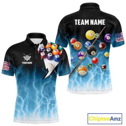 Blue Billiard Jersey For Men Custom Thunder Lightning 3D Pool Balls Team Jersey Polo & 1/4 Zip TDM4561