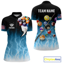 Load image into Gallery viewer, Blue Billiard Jersey For Women Custom Thunder Lightning 3D Pool Balls Team Jersey Polo &amp; 1/4 Zip TDM4561