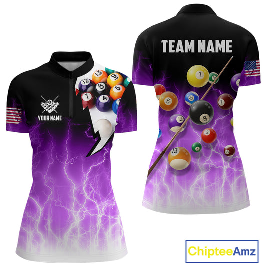 Purple Billiard Jersey For Women Custom Thunder Lightning 3D Pool Balls Team Jersey Polo & 1/4 Zip TDM4563