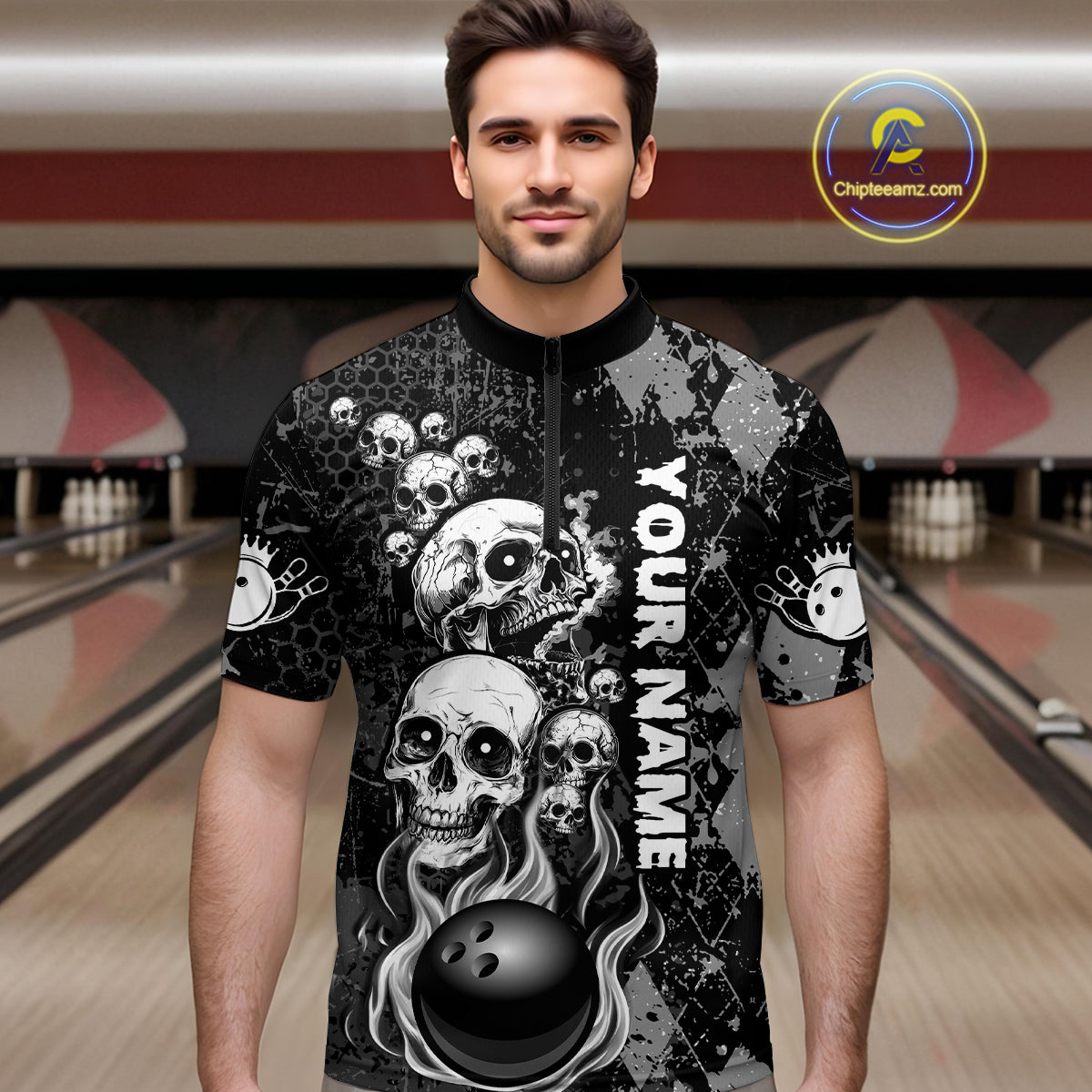 Black Grey Grunge Argyle Skull Bowling Shirt For Men Custom Bowling Team Jersey Polo & 1/4 Zip TDM4773