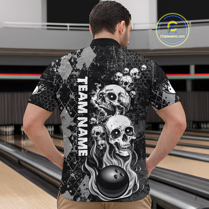 Black Grey Grunge Argyle Skull Bowling Shirt For Men Custom Bowling Team Jersey Polo & 1/4 Zip TDM4773