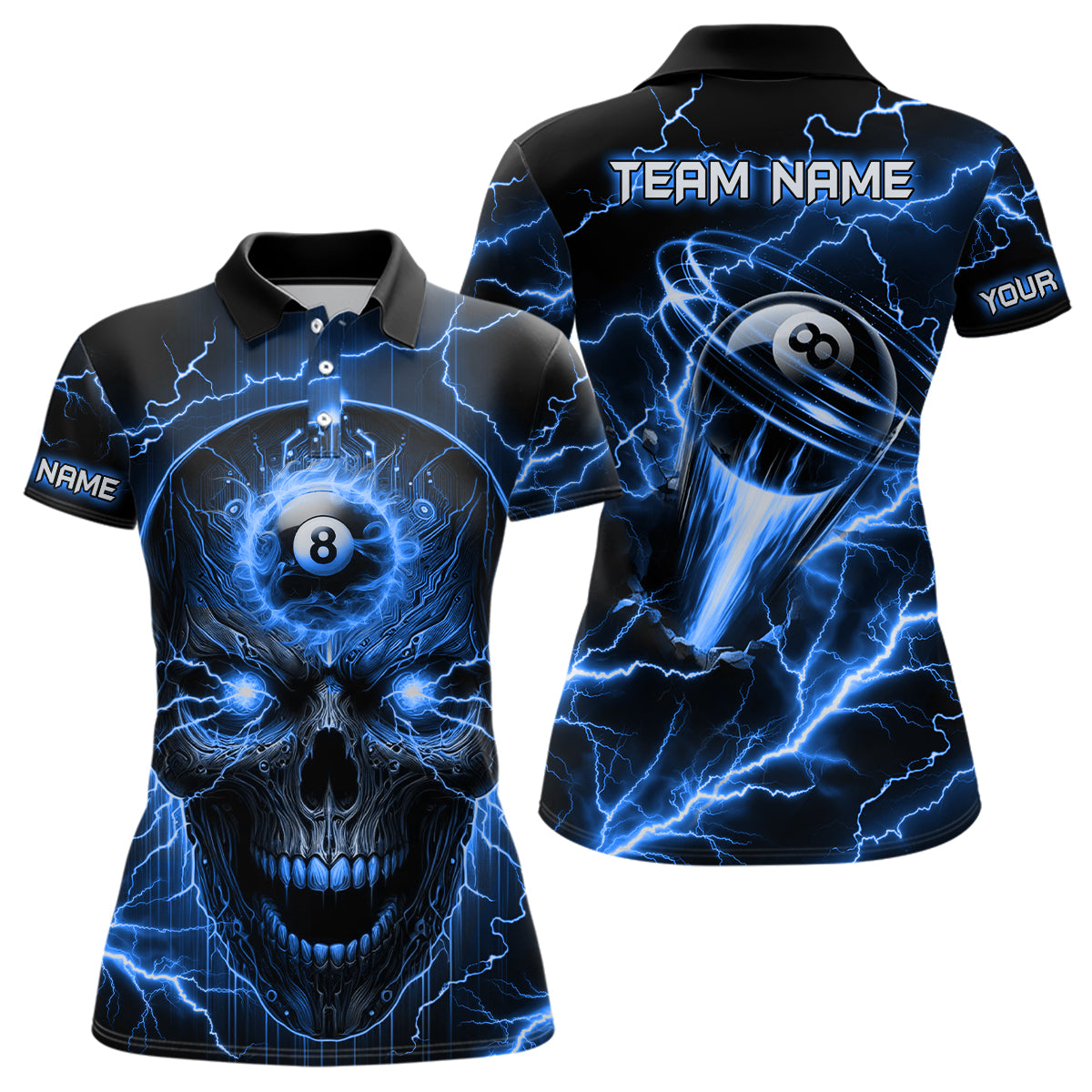 Personalized Skull Billiard Polo Shirts For Women Custom Name 8 Ball Pool Billiard Jerseys |Blue TDM1098