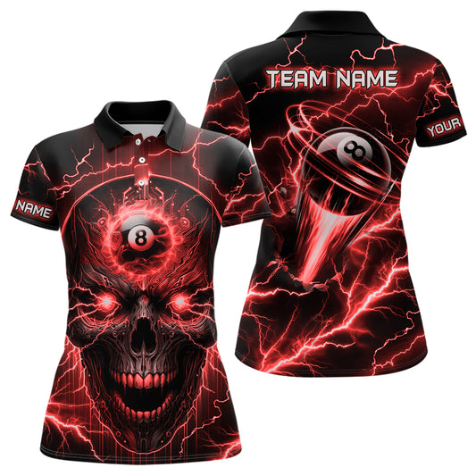 Personalized Skull Billiard Polo Shirts For Women Custom Name 8 Ball Pool Billiard Jerseys |Red TDM1099