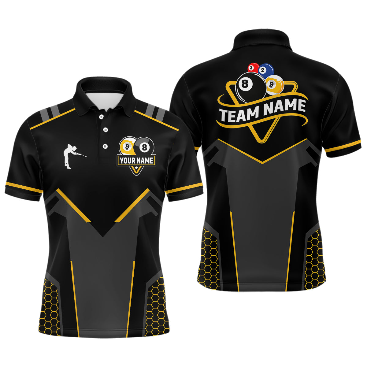 Personalized 8 Ball & 9 Ball Pool Billiard Polo, 1/4 Zip For Men Custom Team Billiard Jersey|Yellow TDM3547