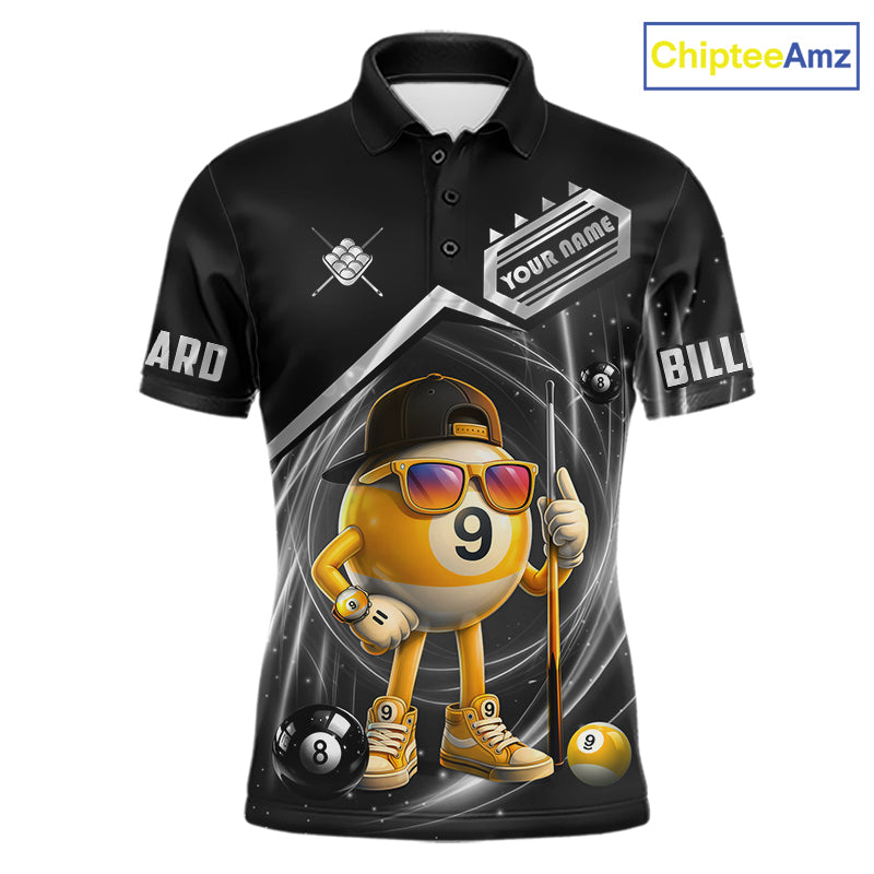 Funny silver 9 ball pool billiard team jersey polo shirt for men featuring a humorous 9 ball design, premium custom pool team apparel and billiard league jersey for tournaments, league play and everyday competition.