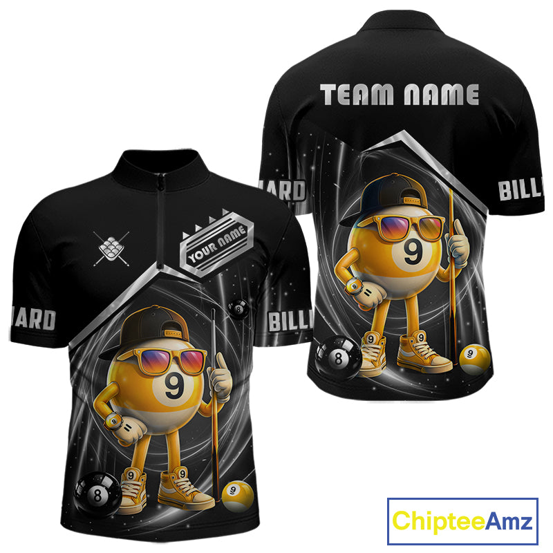 Funny silver 9 ball pool billiard team jersey quarter zip shirt for men featuring a playful 9 ball graphic, premium custom billiard league apparel for competitive players.