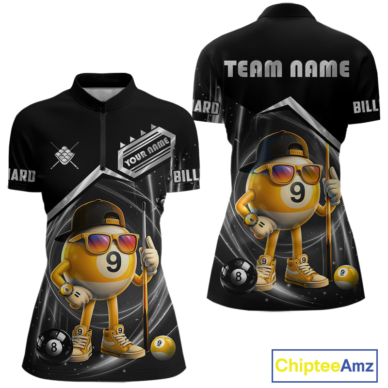 Funny silver 9 ball pool billiard team jersey quarter zip shirt for women featuring a playful 9 ball graphic, premium custom billiard league apparel for competitive players.