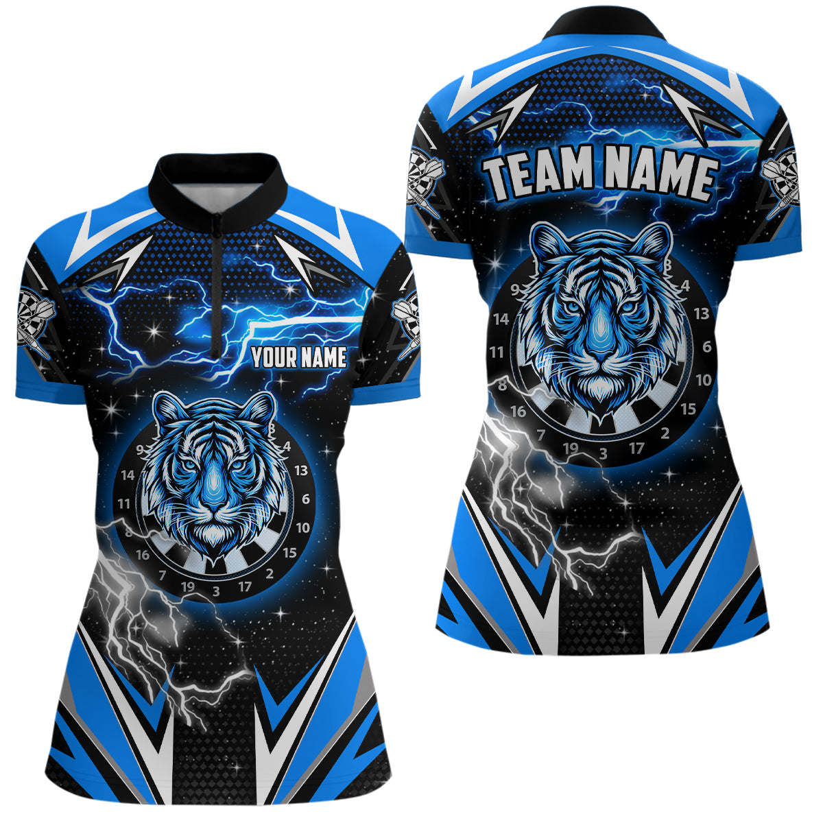 Personalized Tiger Dartboard Thunder Lightning Blue Darts Shirts For Women, Team League Darts Jerseys TDM2213