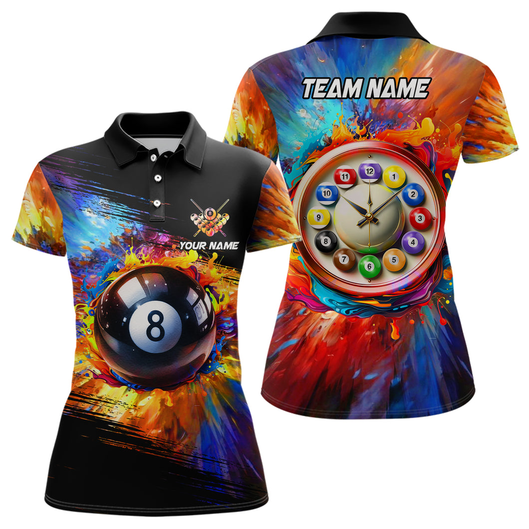 Personalized Colorful Billiard Clock Shirts For Women, Custom Funny 8 Ball Pool Polo Shirts Design TDM1109