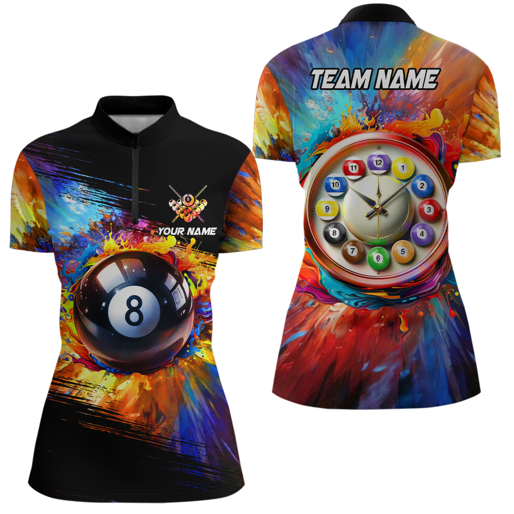 Customized Colorful Billiard Clock Women Quarter-Zip Shirts, Funny 8 Ball Pool Shirts Design TDM1109
