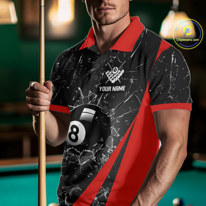 Black And Red Glass Break 8 Ball Billiard Shirt For Men Custom Pool Team Jersey Polo & 1/4 Zip TDM6324