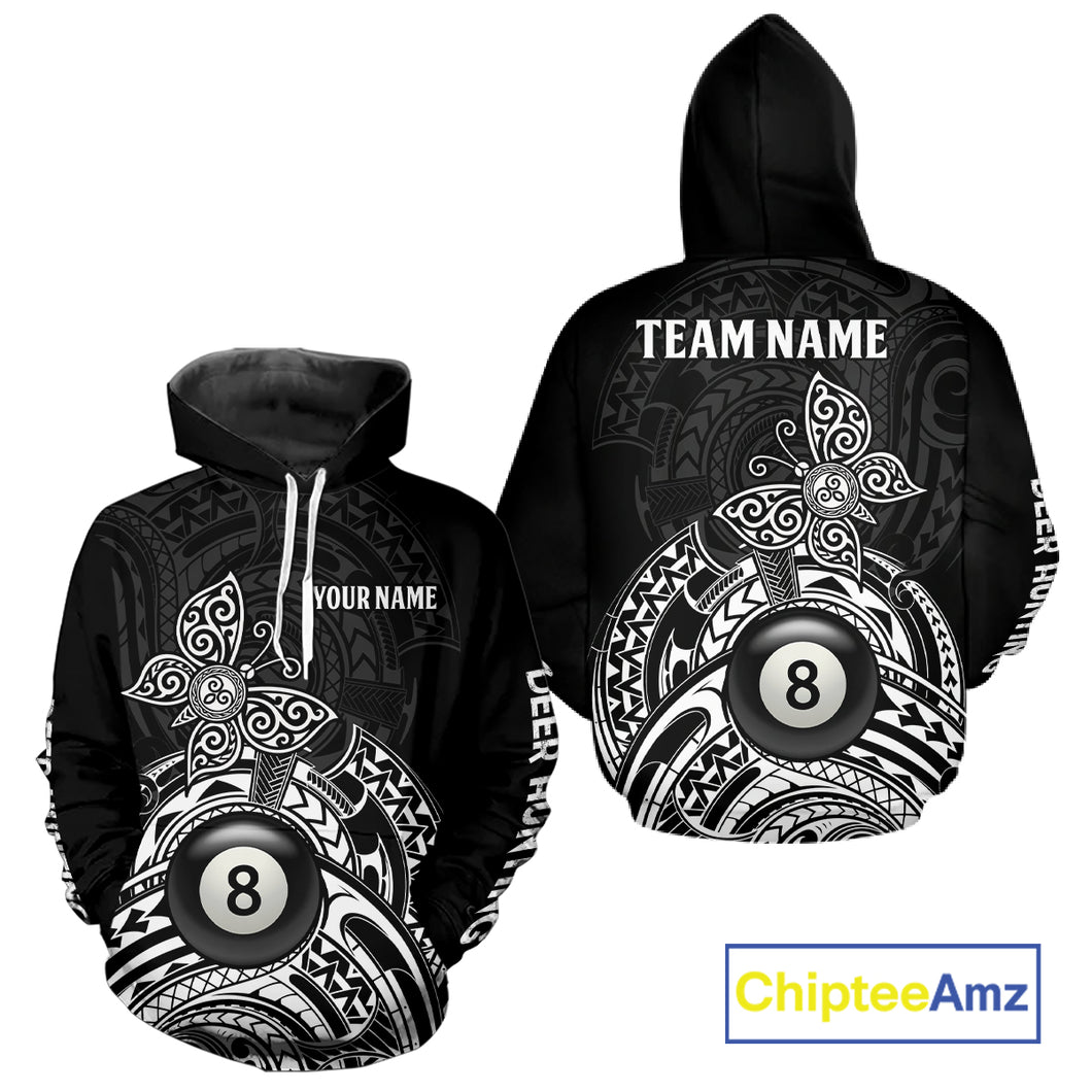 Custom White Black Tribal Butterfly Billiard Hoodie Custom Funny 8 Ball Hoodie Jersey For Pool Player TDM3987