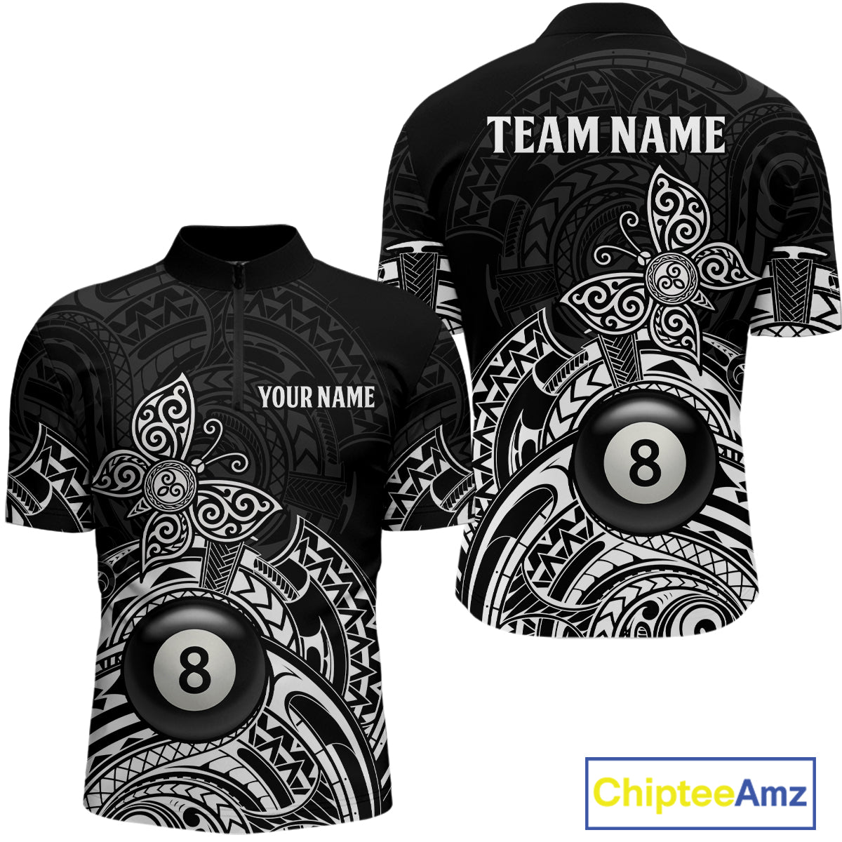 Custom White Black Tribal Butterfly Billiard Shirts For Men | 8 Ball Pool Team Jerseys TDM3987