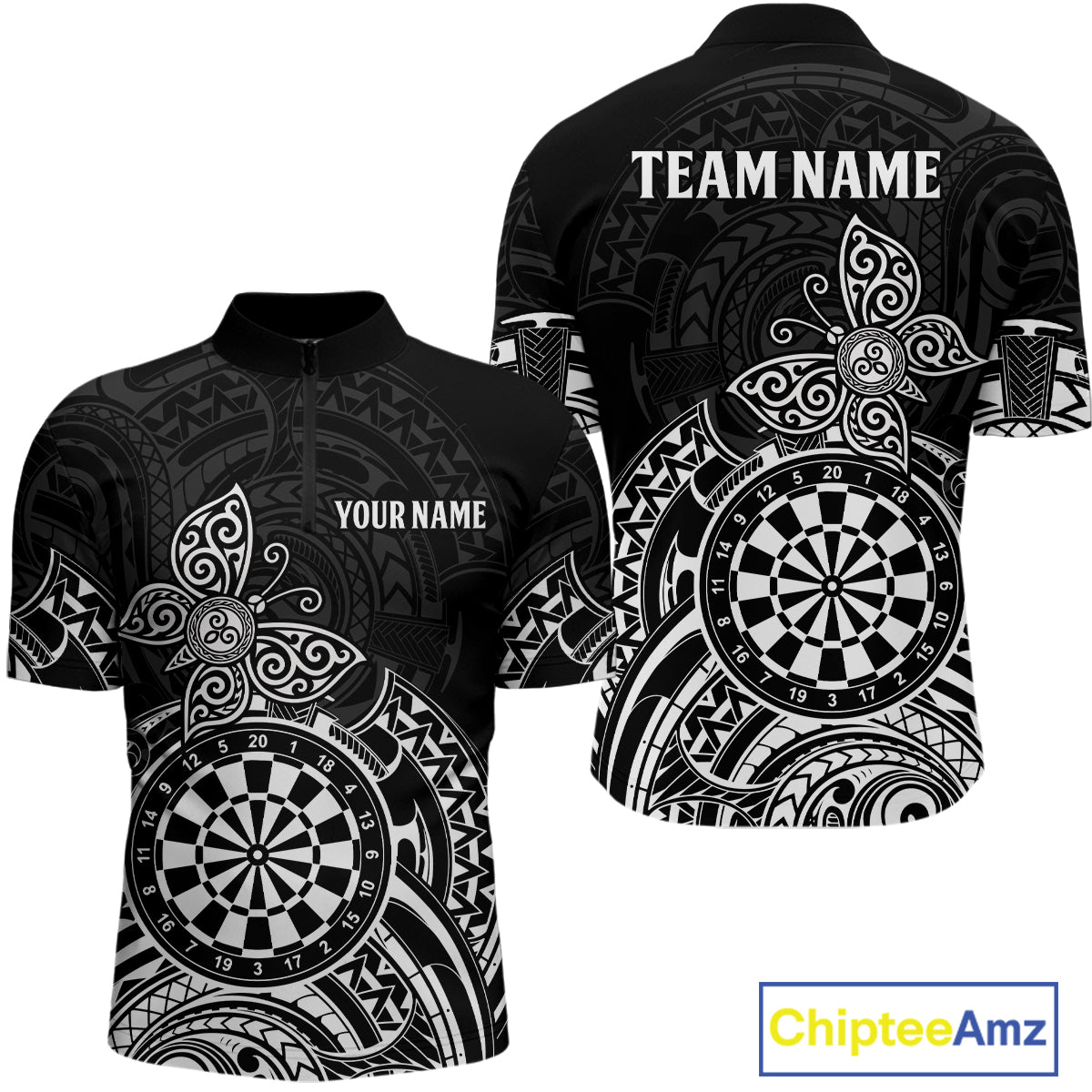 Custom White Black Tribal Dartboard Butterfly Darts Shirts For Men, Darts Team Jerseys Outfit TDM3988