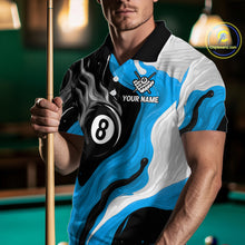 Load image into Gallery viewer, Personalized Black, Blue And White 8 Ball Flame Billiard Shirt For Men Custom Pool Team Jerseys TDM4189
