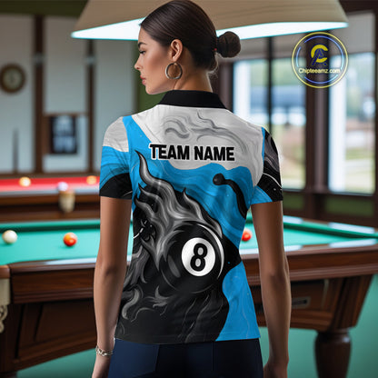 Personalized Black, Blue And White 8 Ball Flame Billiard Shirt For Women Custom Pool Team Jerseys TDM4189