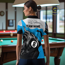 Load image into Gallery viewer, Personalized Black, Blue And White 8 Ball Flame Billiard Shirt For Women Custom Pool Team Jerseys TDM4189