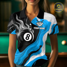 Load image into Gallery viewer, Personalized Black, Blue And White 8 Ball Flame Billiard Shirt For Women Custom Pool Team Jerseys TDM4189