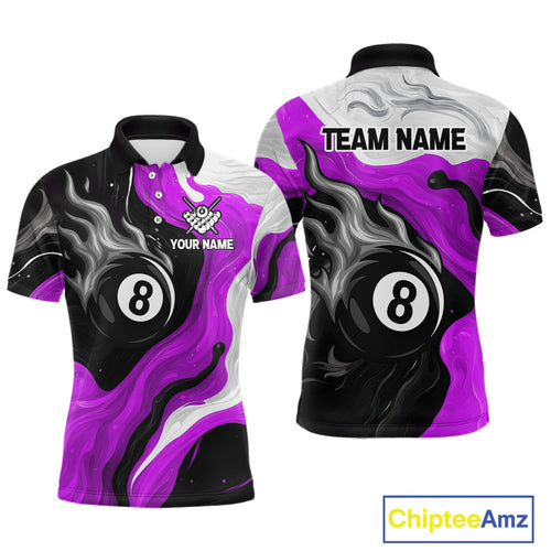 Personalized Black, Purple And White 8 Ball Flame Billiard Shirt For Men Custom Pool Team Jerseys TDM4190