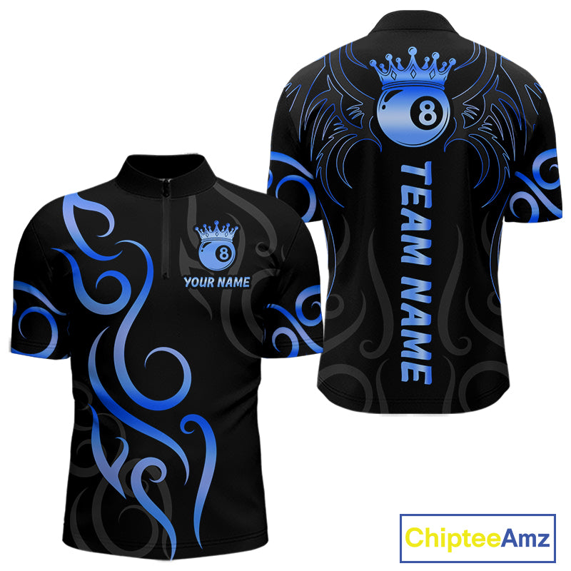 Black And Blue 8 Ball Crown Tribal Billiard Shirt For Men Custom Pool Jersey Billiard Team Shirt TDM7237