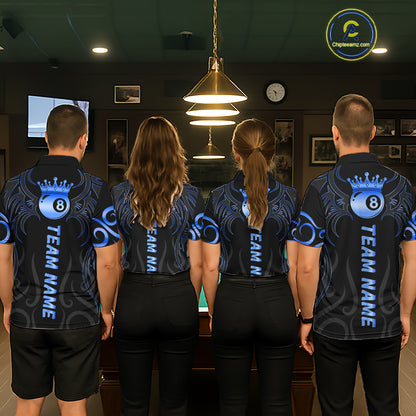 Black And Blue 8 Ball Crown Tribal Billiard Shirt For Men Custom Pool Jersey Billiard Team Shirt TDM7237