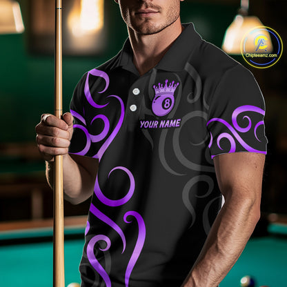 Black And Purple 8 Ball Crown Tribal Billiard Shirt For Men Custom Pool Jersey Billiard Team Shirt TDM7238