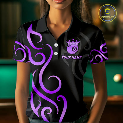 Black And Purple 8 Ball Crown Tribal Billiard Shirt For Women Custom Pool Jersey Billiard Team Shirt TDM7238
