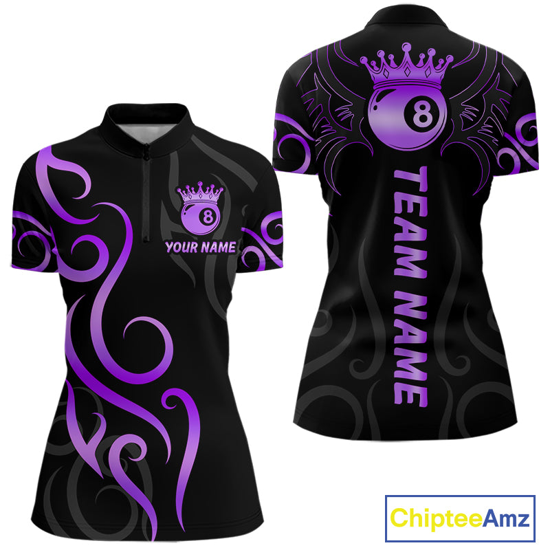 Black And Purple 8 Ball Crown Tribal Billiard Shirt For Women Custom Pool Jersey Billiard Team Shirt TDM7238