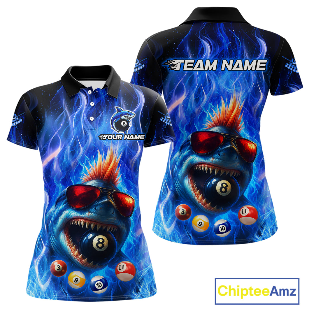 Personalized Blue Funny Shark Flame Women's Billiards Shirts Custom 8 Ball Billiard Team Jersey TDM5214