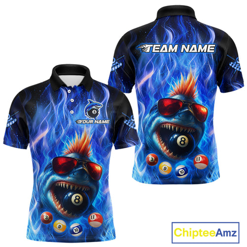Personalized Blue Funny Shark Flame Men's Billiards Shirts Custom 8 Ball Billiard Team Jersey TDM5214