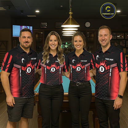 Personalized Red 8 Ball Flame Billiard Polo & Quarter Zip For Women, 8 Ball Pool Team Jersey TDM5732