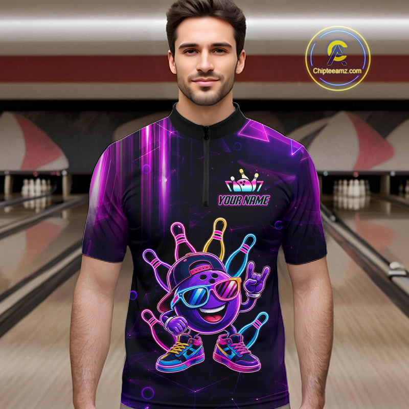 Funny Neon Bowling Ball Polo & Quarter Zip Shirt For Men Custom Bowling Team Shirt, Bowling Jersey TDM6519