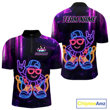 Funny Neon Bowling Ball Polo & Quarter Zip Shirt For Men Custom Bowling League Team Jersey TDM6520